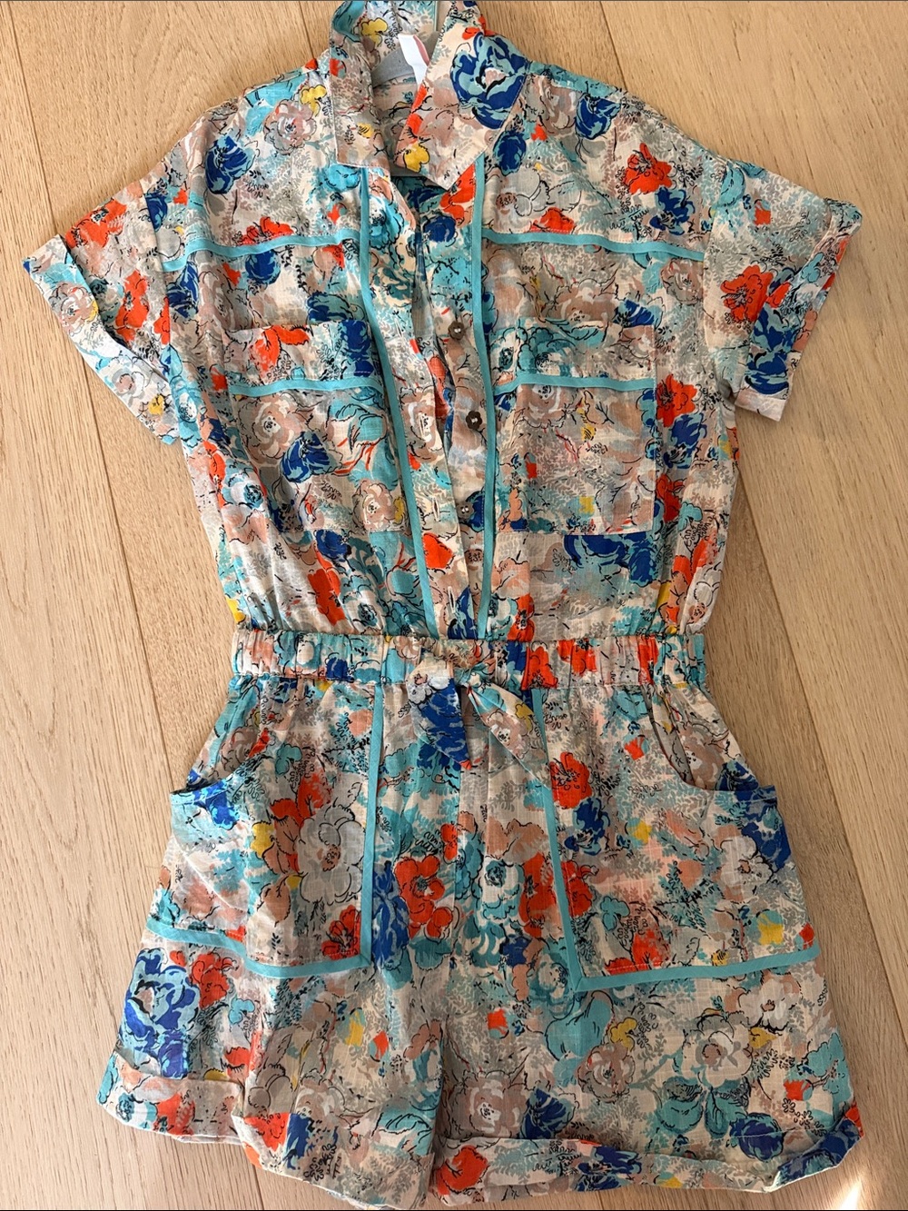 Zimmermann Floral Short Sleeve Romper in Teal, Blue & Orange